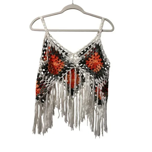 Handmade Crochet Fringe Boho Crop Top With Multicolor Diamond Pattern - Picture 4 of 9